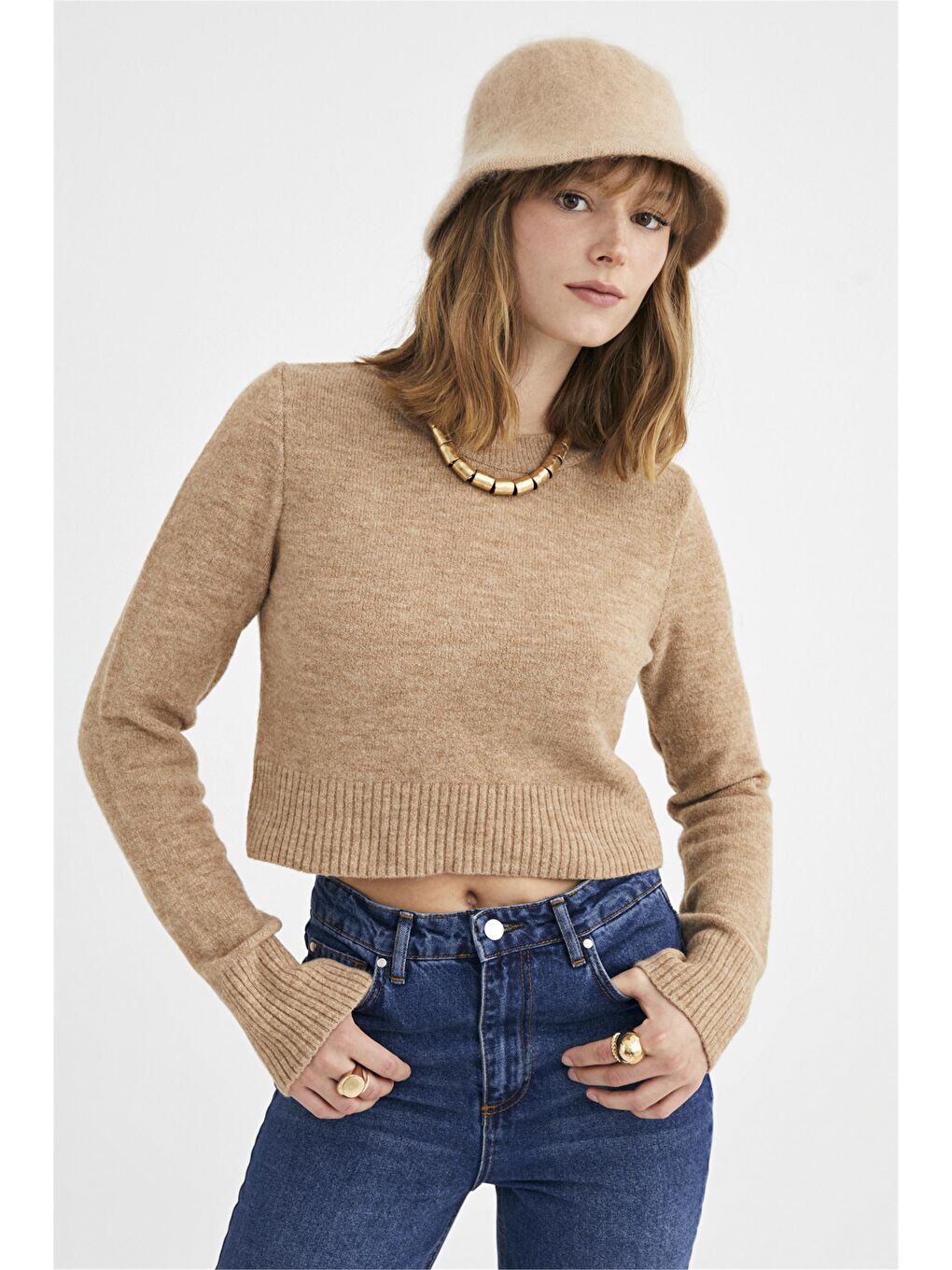 Bej Vizon Bisiklet Yaka Crop Kazak-4