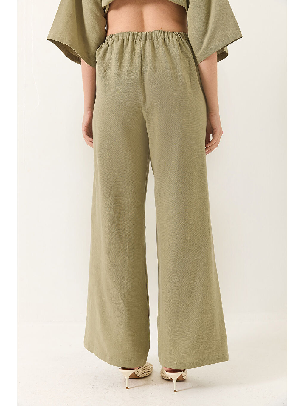 Yeşil Kadın V Yaka Yarasa Kol Keten Kimono Palazzo Pantolonlu Alt-Üst Takım-6
