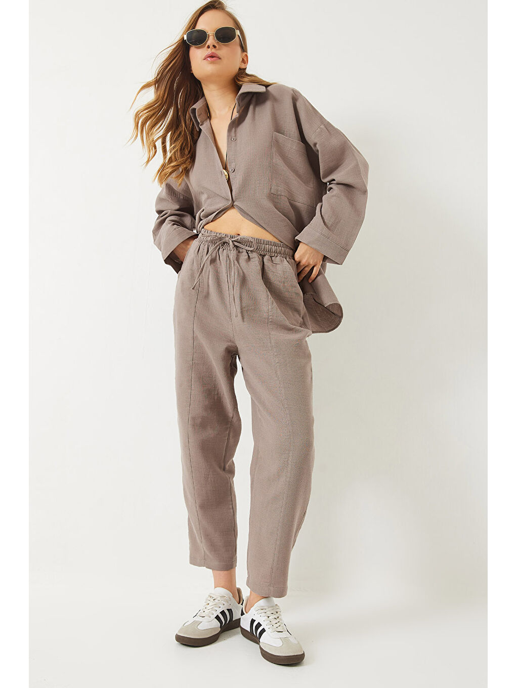 Bej Kadın Oversize Gömlek Şalvar Pantolon Müslin Alt-Üst Takım