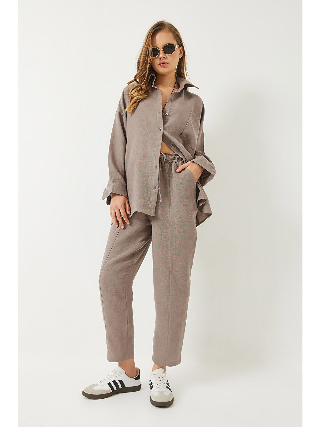 Bej Kadın Oversize Gömlek Şalvar Pantolon Müslin Alt-Üst Takım-1