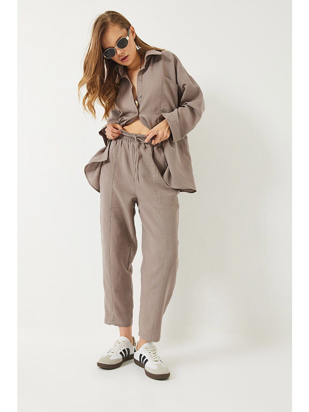 Bej Kadın Oversize Gömlek Şalvar Pantolon Müslin Alt-Üst Takım-2