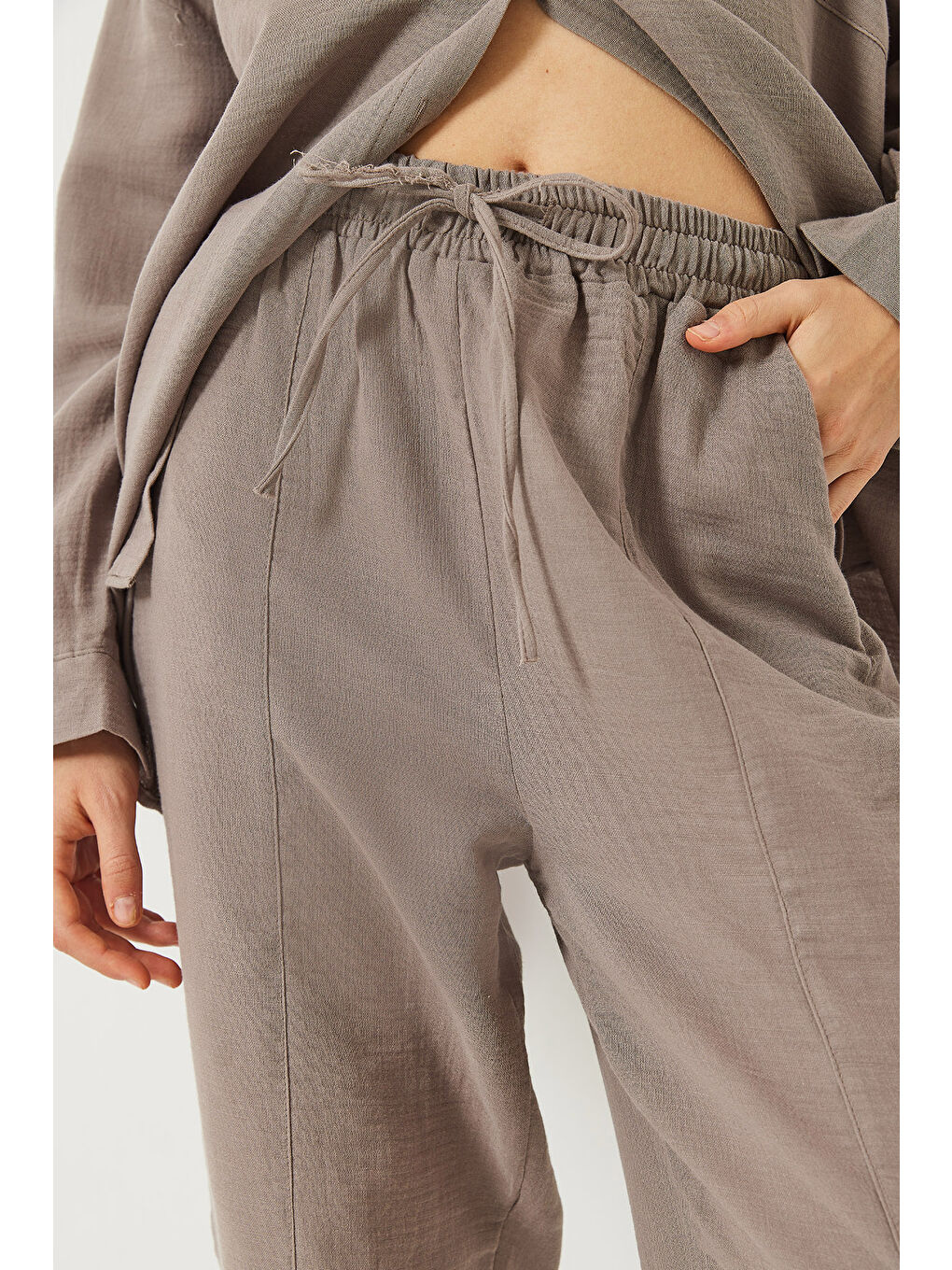 Bej Kadın Oversize Gömlek Şalvar Pantolon Müslin Alt-Üst Takım-3