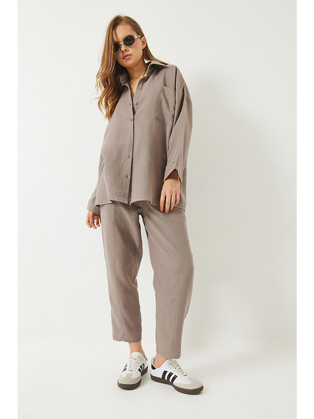 Bej Kadın Oversize Gömlek Şalvar Pantolon Müslin Alt-Üst Takım-4