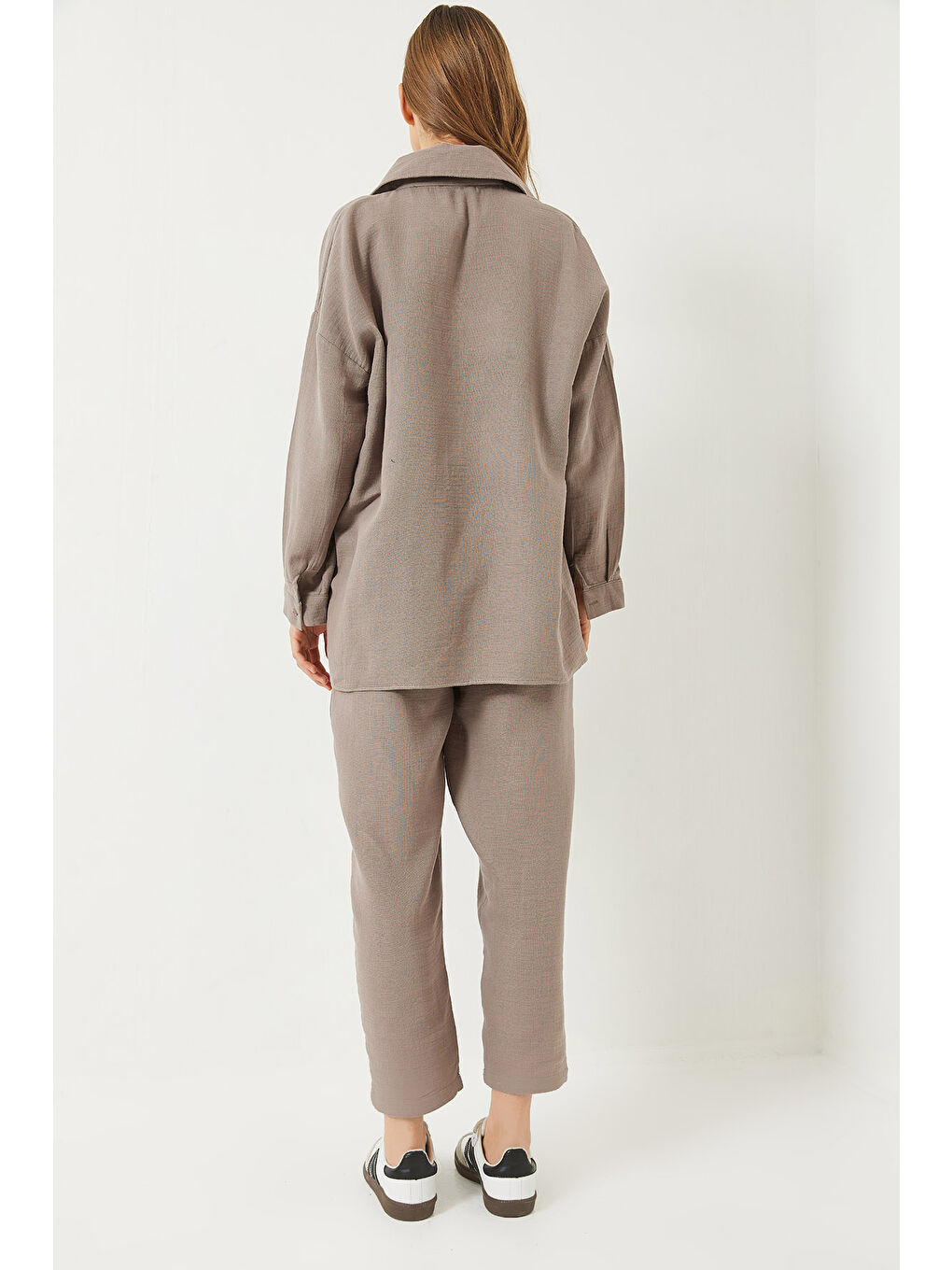 Bej Kadın Oversize Gömlek Şalvar Pantolon Müslin Alt-Üst Takım-5