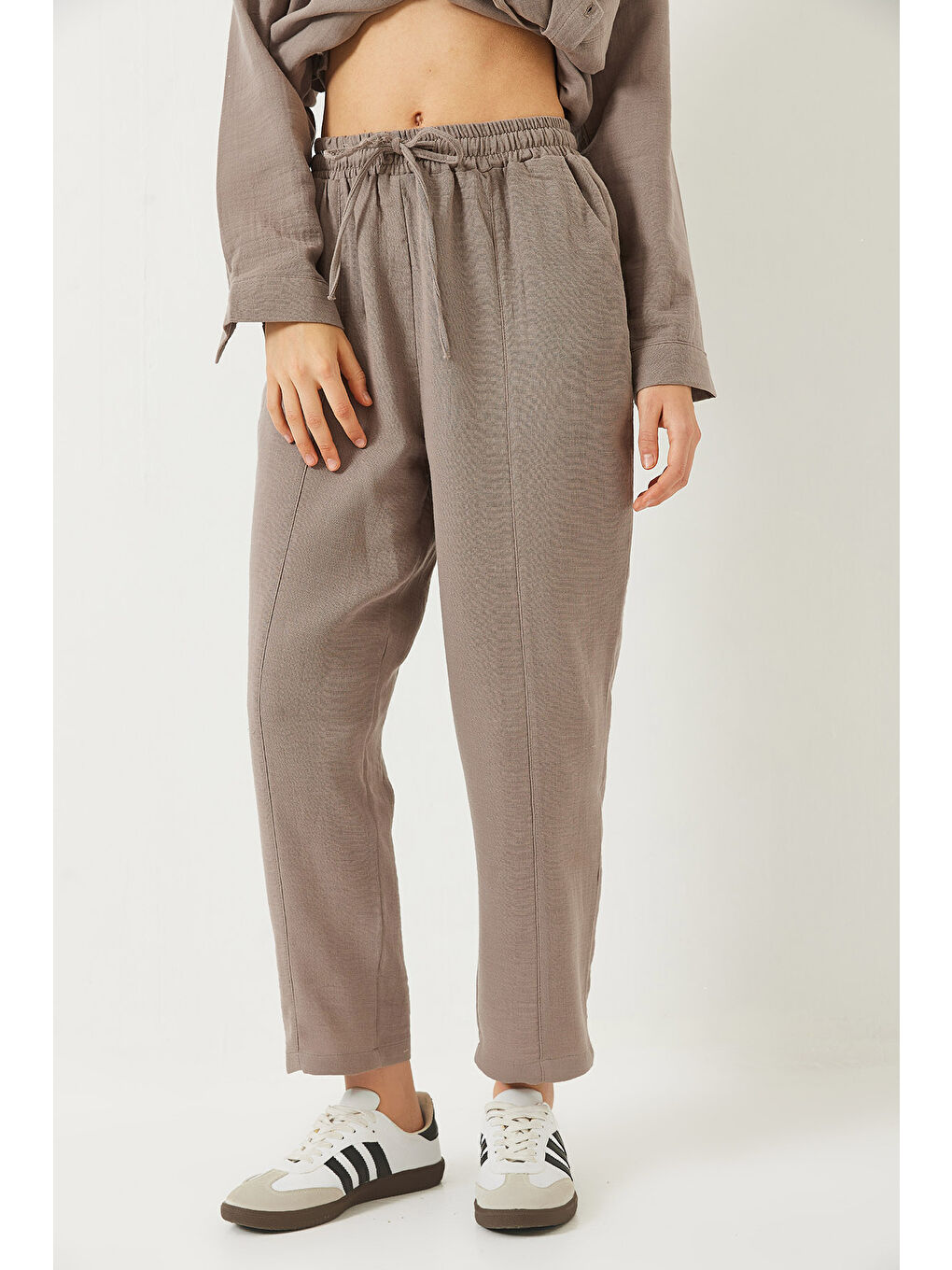 Bej Kadın Oversize Gömlek Şalvar Pantolon Müslin Alt-Üst Takım-7