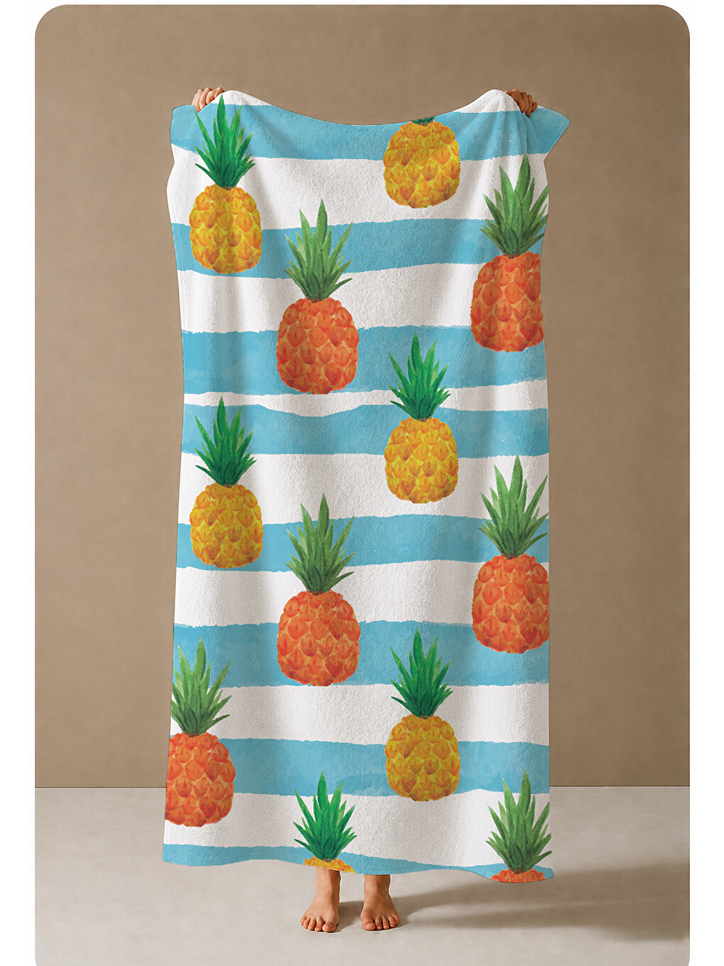Milbay Grup Turkuaz Beyaz Çizgili Ananas Desenli 70x150 Cm Dijital Plaj Ve Banyo Havlusu-37457-3