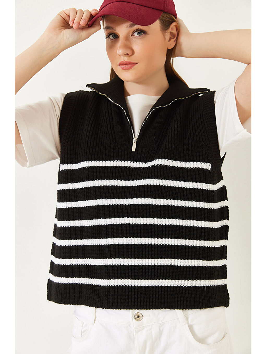 Siyah Kadın Fermuarlı Selanik Örgü Triko Süveter-1