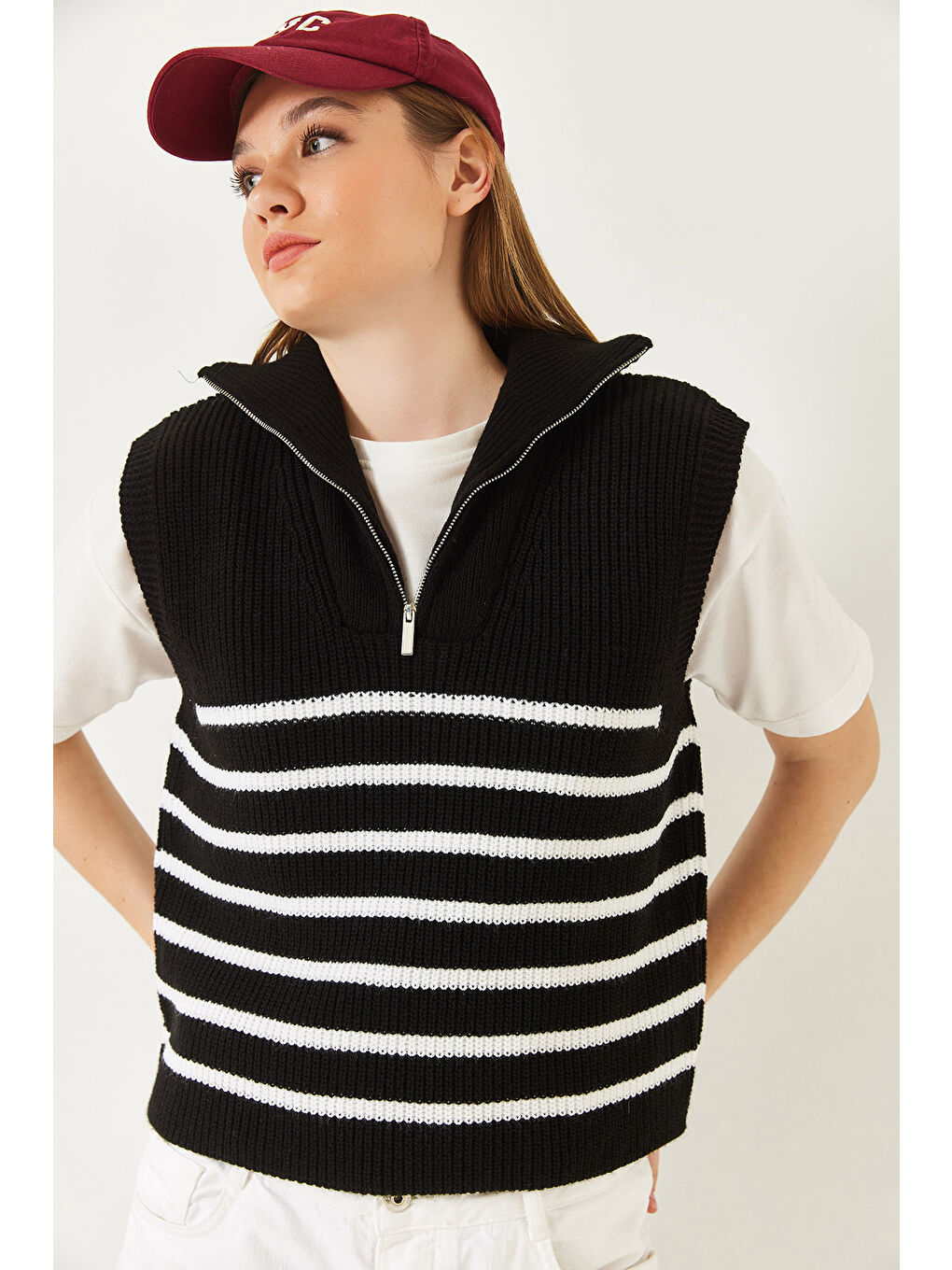 Siyah Kadın Fermuarlı Selanik Örgü Triko Süveter-2