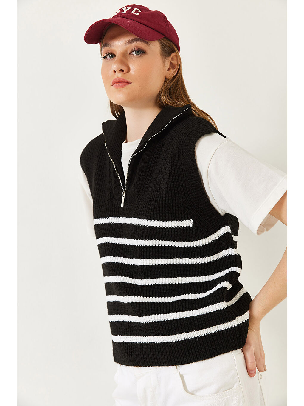 Siyah Kadın Fermuarlı Selanik Örgü Triko Süveter-3