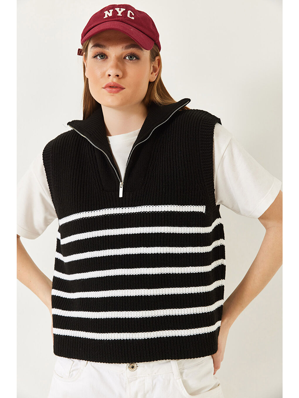 Siyah Kadın Fermuarlı Selanik Örgü Triko Süveter-4