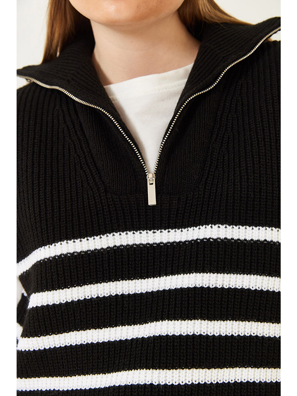Siyah Kadın Fermuarlı Selanik Örgü Triko Süveter-5