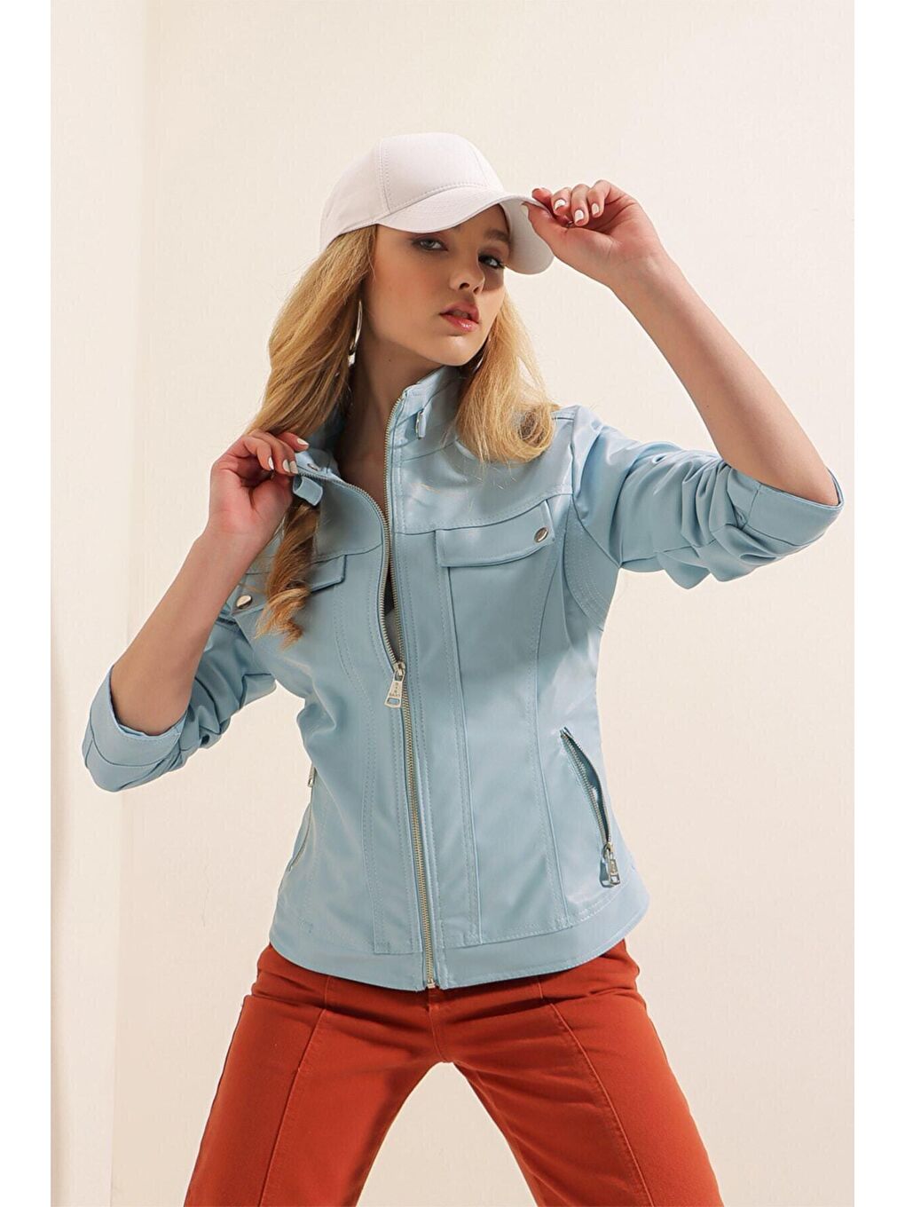 Kadın Mavi Dik Yaka Suni Deri Ceket HZL22W-BD110241