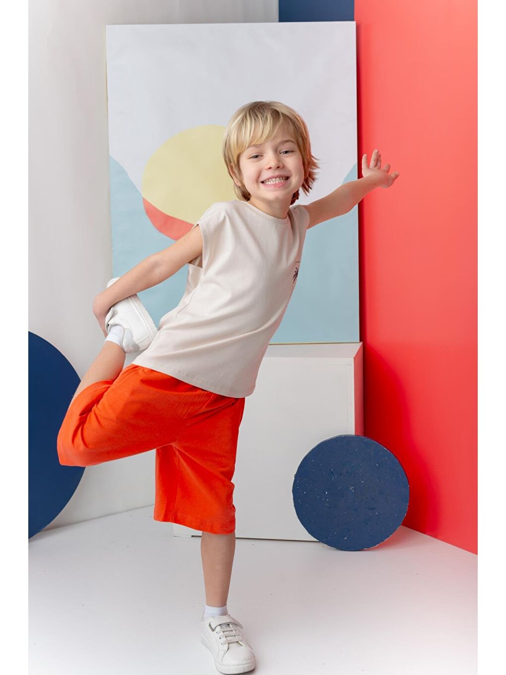 Bej Erkek Çoçuk Sörf Baskılı Atlet Dizaltı Şort Takım - Taş Rengi-1