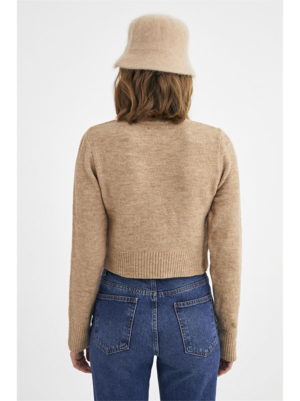 Bej Vizon Bisiklet Yaka Crop Kazak-5