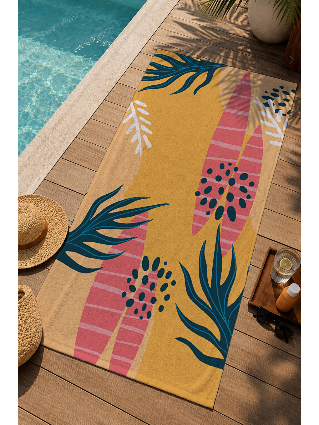 Hardal Pembe Tropikal Zürafa Ve Yaprak Desenli 70x150 Cm Dijital Baskılı Plaj Ve Banyo Havlusu-2