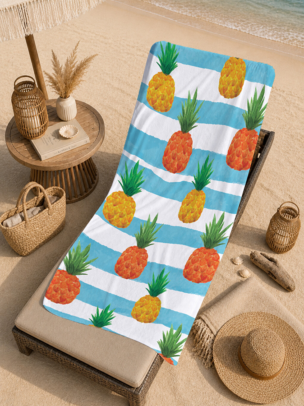Milbay Grup Turkuaz Beyaz Çizgili Ananas Desenli 70x150 Cm Dijital Plaj Ve Banyo Havlusu-37457-4