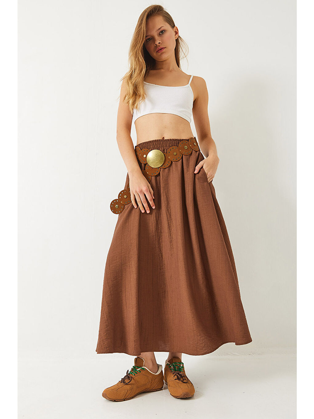 Kahverengi Kadın Beli Lasikçi Cep Detaylı Dokulu Uzun Etek