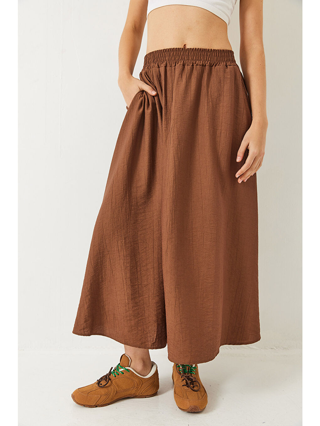 Kahverengi Kadın Beli Lasikçi Cep Detaylı Dokulu Uzun Etek-4