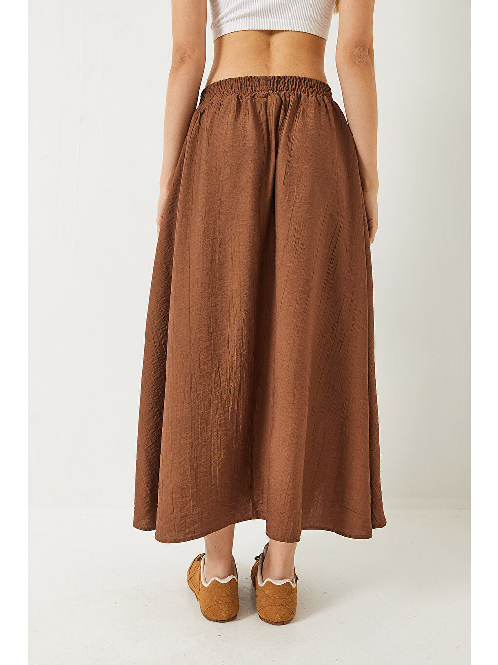 Kahverengi Kadın Beli Lasikçi Cep Detaylı Dokulu Uzun Etek-5