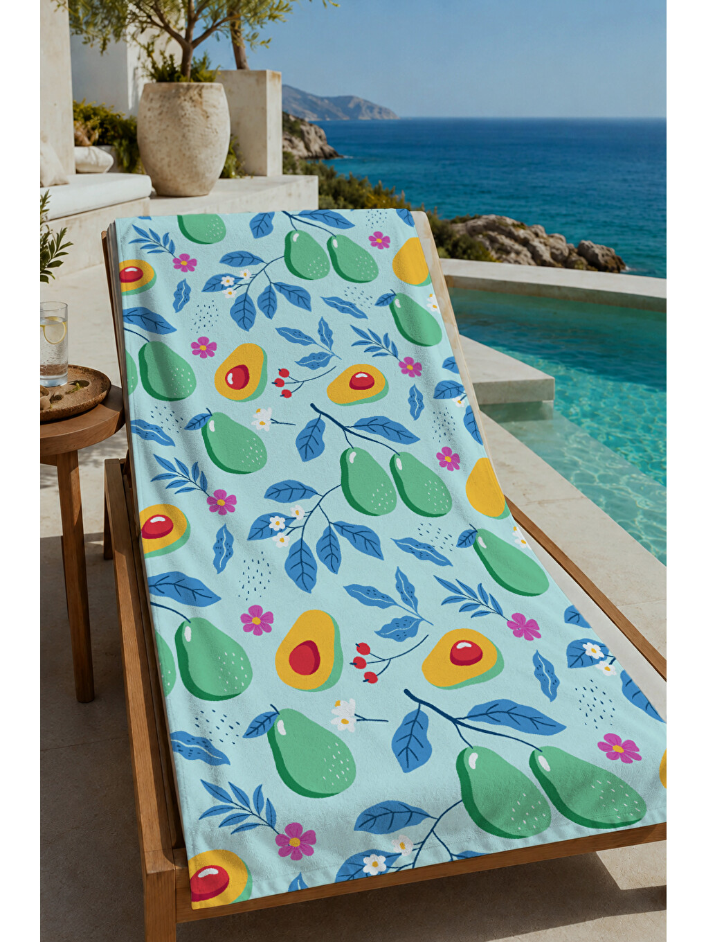 Açık Mavi Avokado Ve Yaprak Desenli 70x150 Cm Dijital Baskılı Plaj Ve Banyo Havlusu