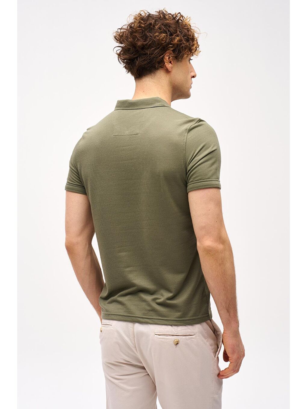 Açık Yeşil Slim Fit Dar Kalıp Fermuarlı Polo Yaka Düz Kısa Kollu  Tişört-5