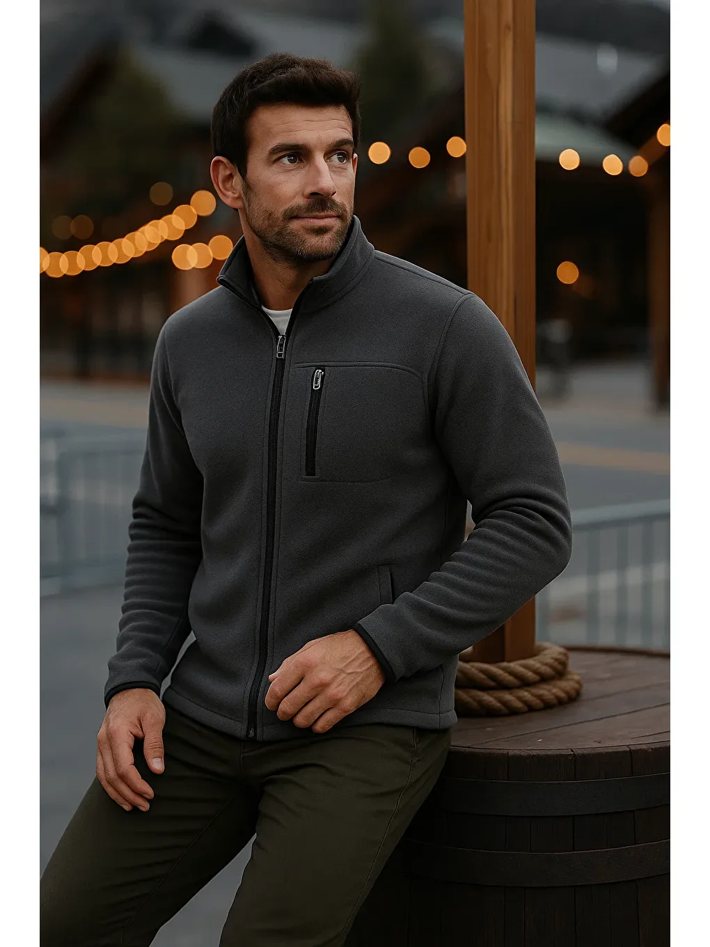 Gri Erkek Fermuarlı Kalın Kışlık Trend Füme Polar Ceket-1