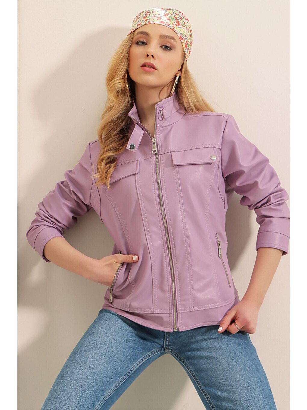 Kadın Lila Dik Yaka Suni Deri Ceket HZL22W-BD110241