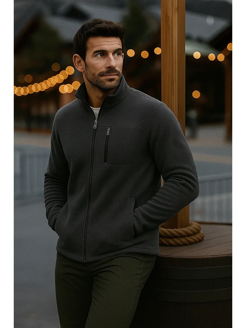 Gri Erkek Fermuarlı Kalın Kışlık Trend Füme Polar Ceket-2