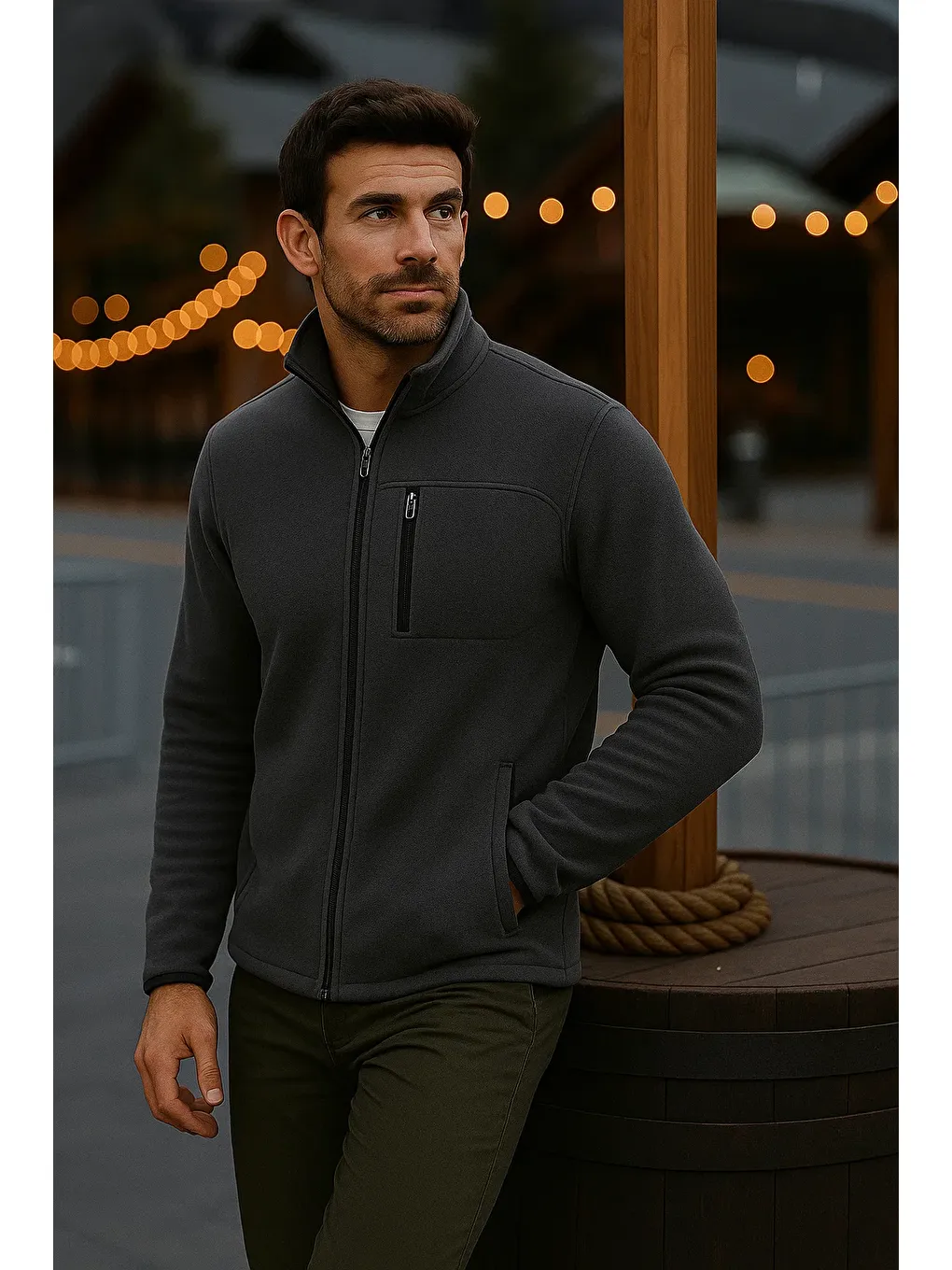 Gri Erkek Fermuarlı Kalın Kışlık Trend Füme Polar Ceket-3