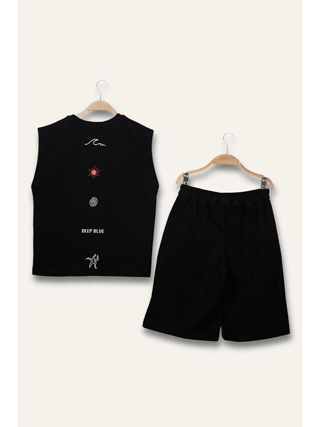 Erkek Çocuk Cepli Baskılı Atlet Diz Altı Şort Takım - Siyah-1