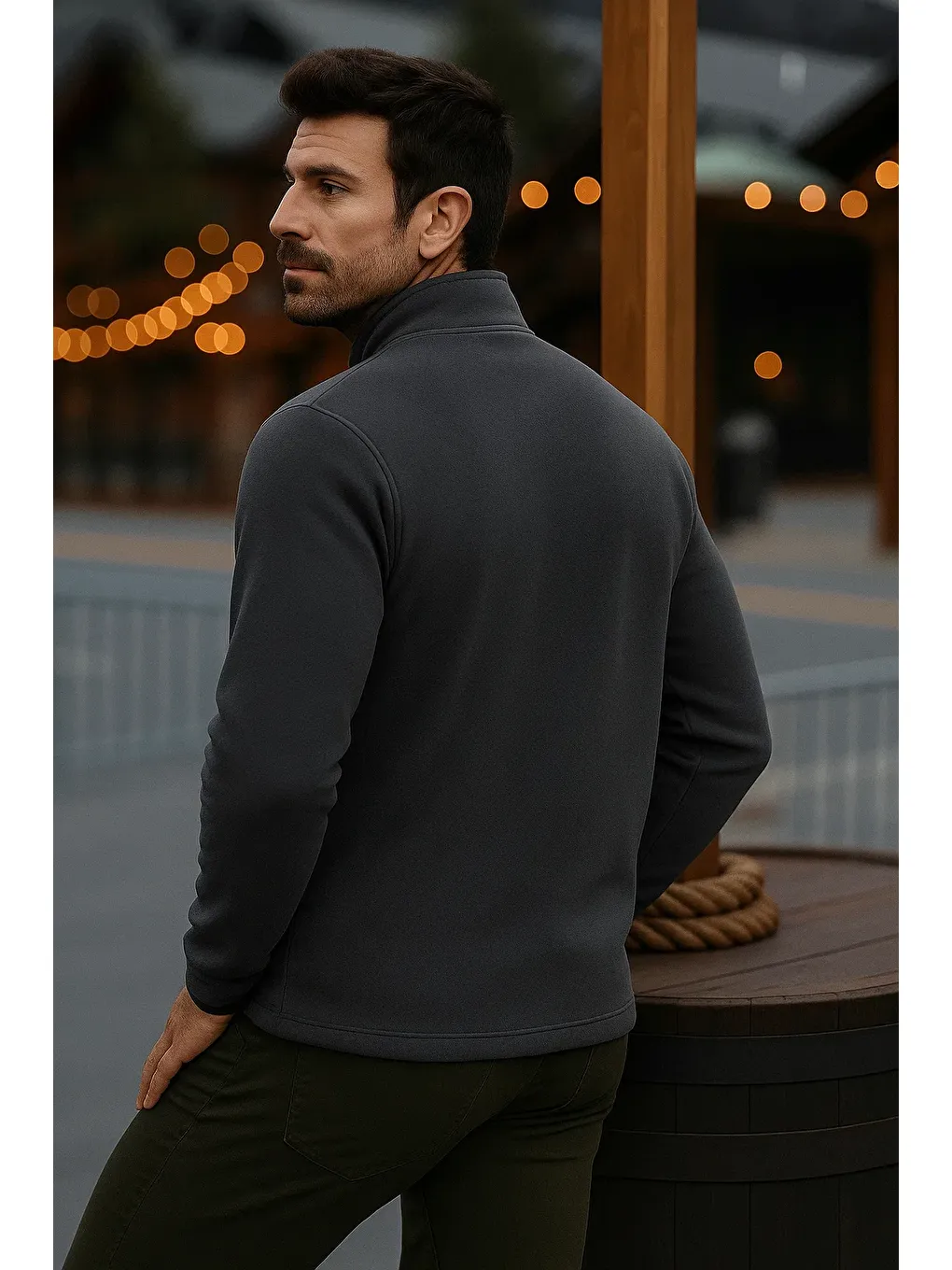 Gri Erkek Fermuarlı Kalın Kışlık Trend Füme Polar Ceket-4