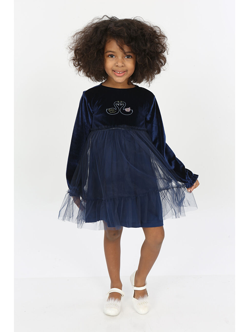 Lacivert Kız Çocuk Kuğu Baskılı Kadife Elbise