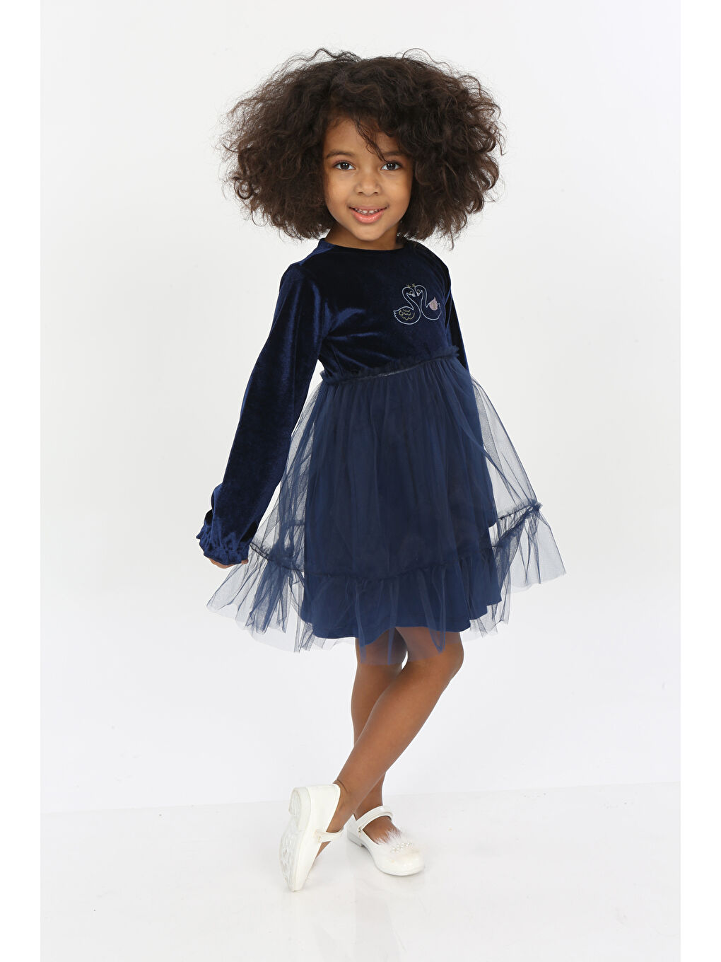 Lacivert Kız Çocuk Kuğu Baskılı Kadife Elbise-2