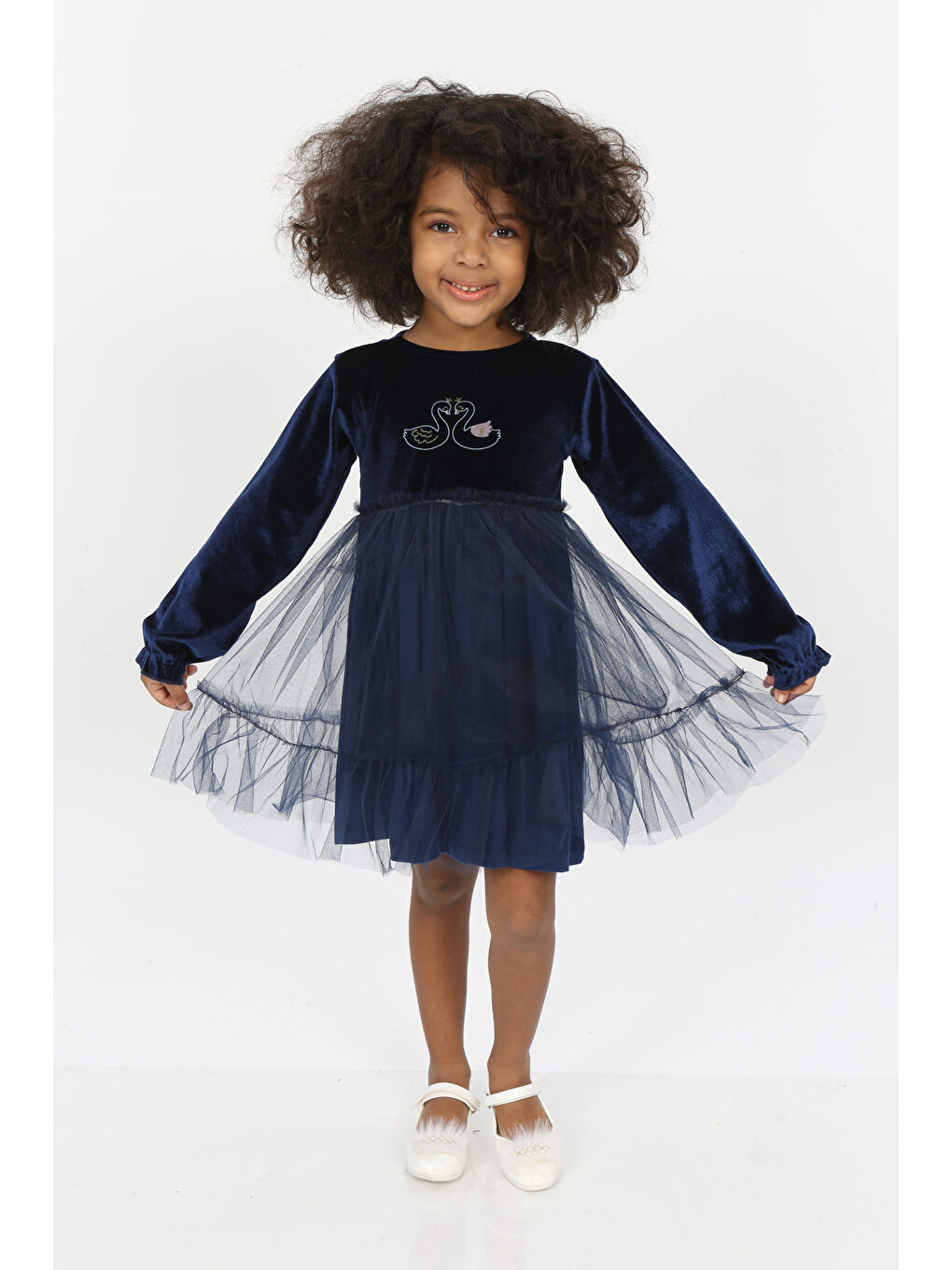 Lacivert Kız Çocuk Kuğu Baskılı Kadife Elbise-3