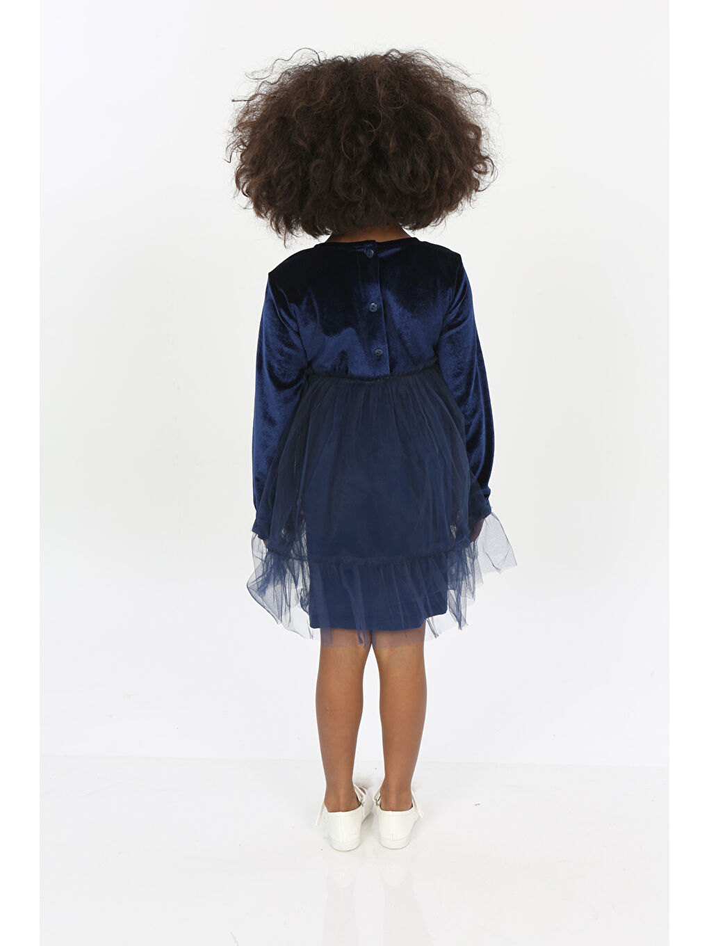 Lacivert Kız Çocuk Kuğu Baskılı Kadife Elbise-4