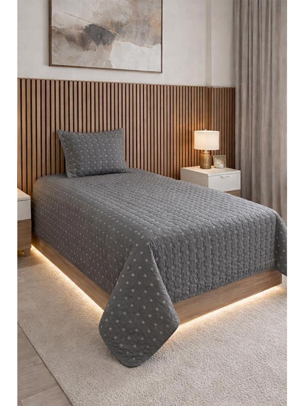 Yıldız Tek Kişilik Kapitoneli Yatak Örtüsü Antrasit
