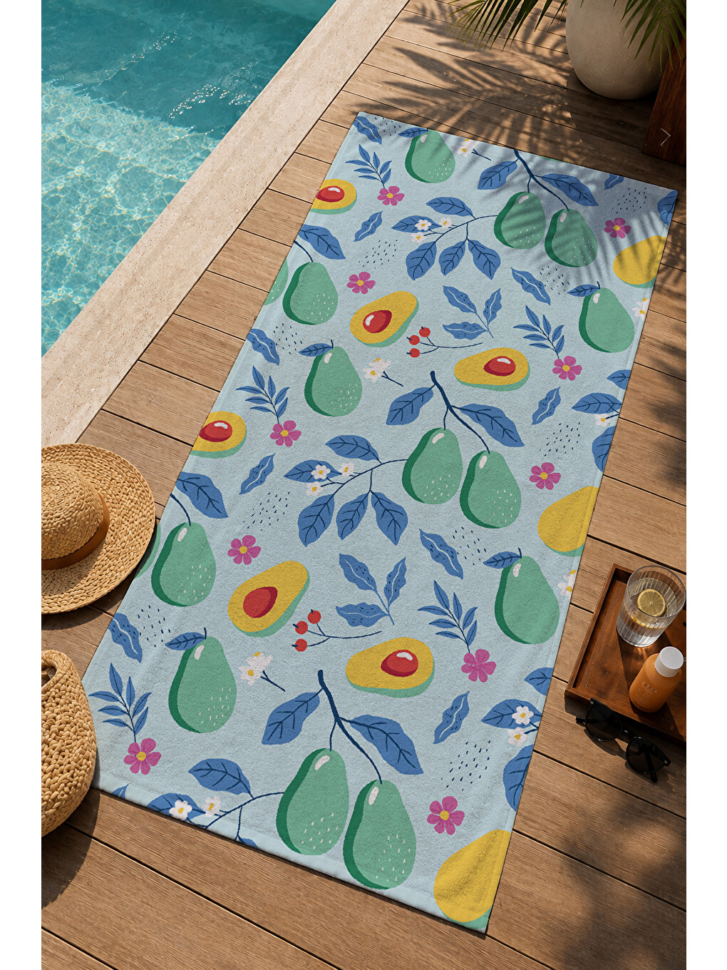 Açık Mavi Avokado Ve Yaprak Desenli 70x150 Cm Dijital Baskılı Plaj Ve Banyo Havlusu-2