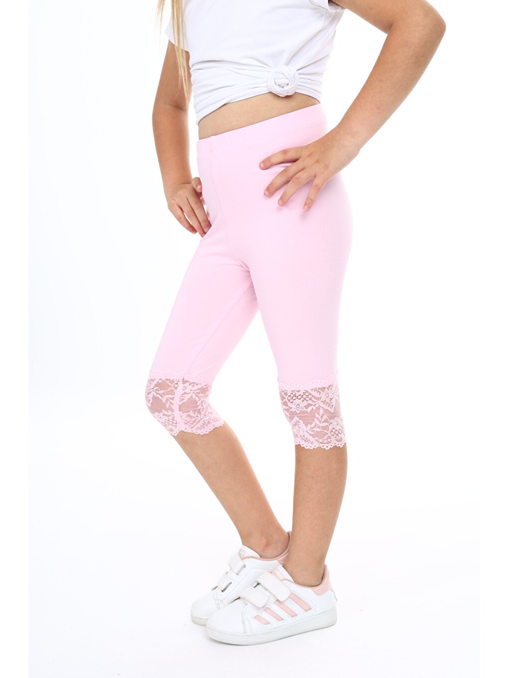 Pembe Kız Çocuk Paça Dantel Detaylı Kapri-3