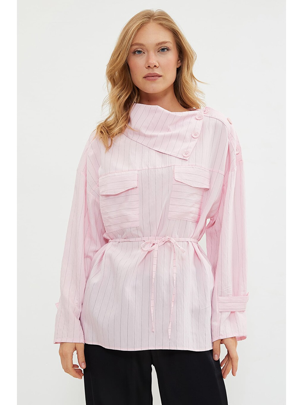 Pembe Fullamodest Yakası Çizgili Asimetrik Kesim Tunik-1