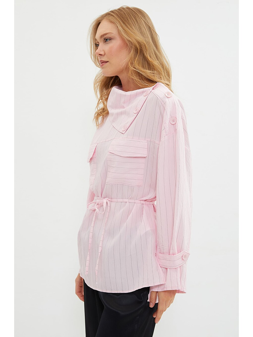 Pembe Fullamodest Yakası Çizgili Asimetrik Kesim Tunik-3