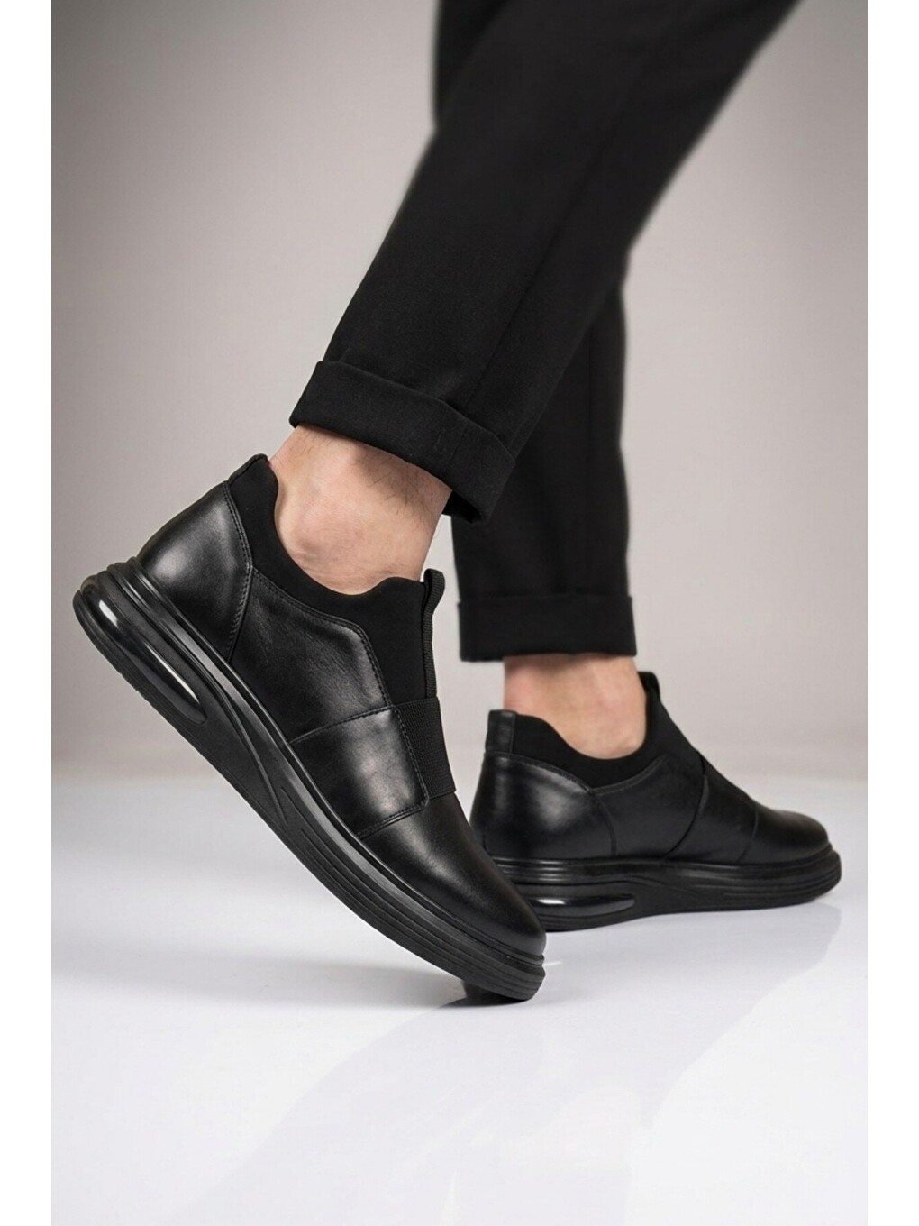 Siyah Hakiki Deri Slip-on Konfor Taban Erkek Casual Ayakkabı Sneaker 6961 M-1
