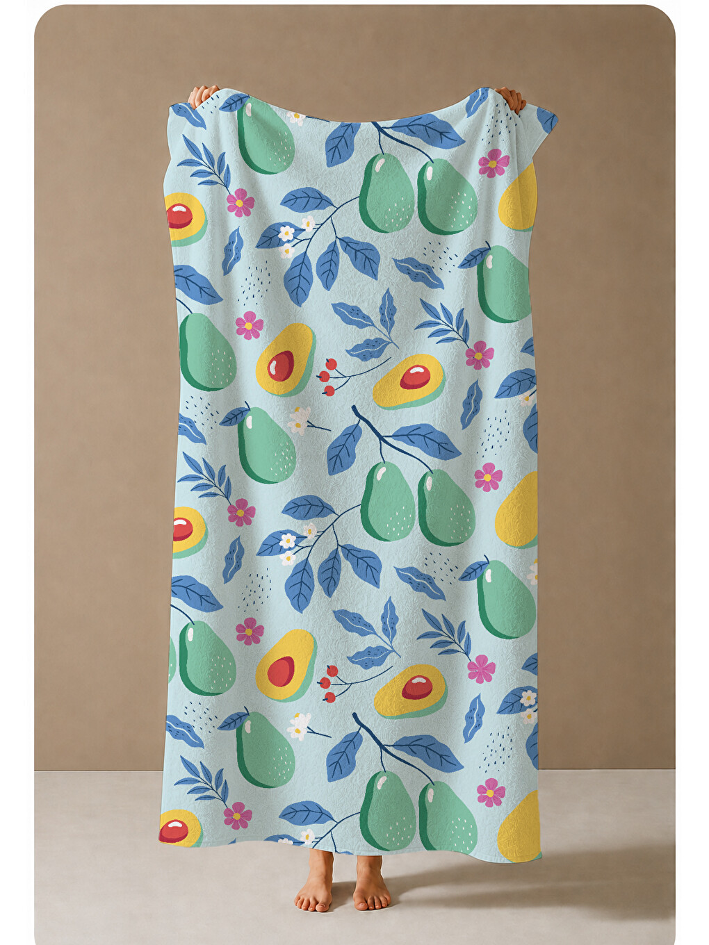 Açık Mavi Avokado Ve Yaprak Desenli 70x150 Cm Dijital Baskılı Plaj Ve Banyo Havlusu-3