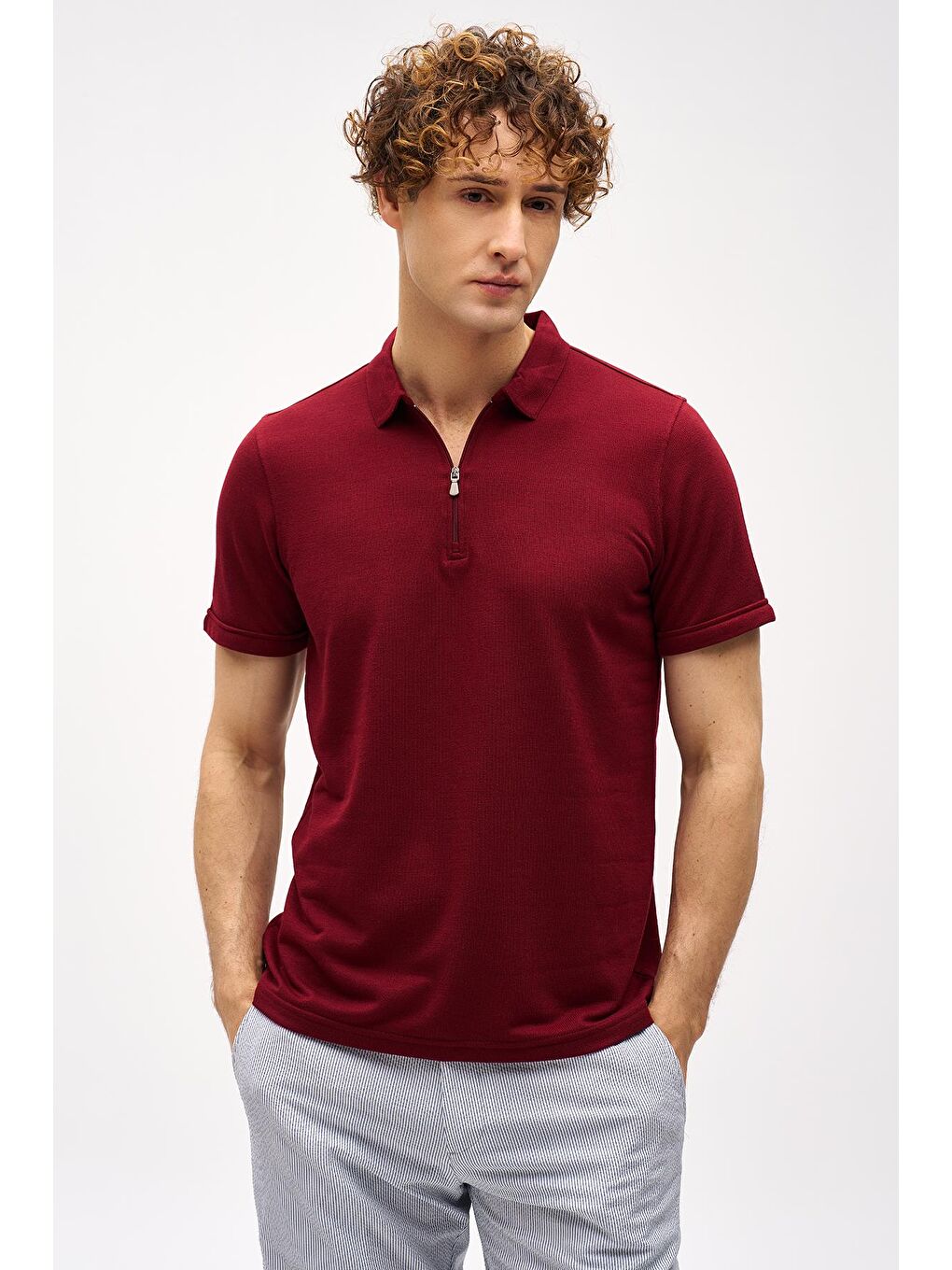Bordo Slim Fit Dar Kalıp Fermuarlı Polo Yaka Düz Kısa Kollu  Tişört