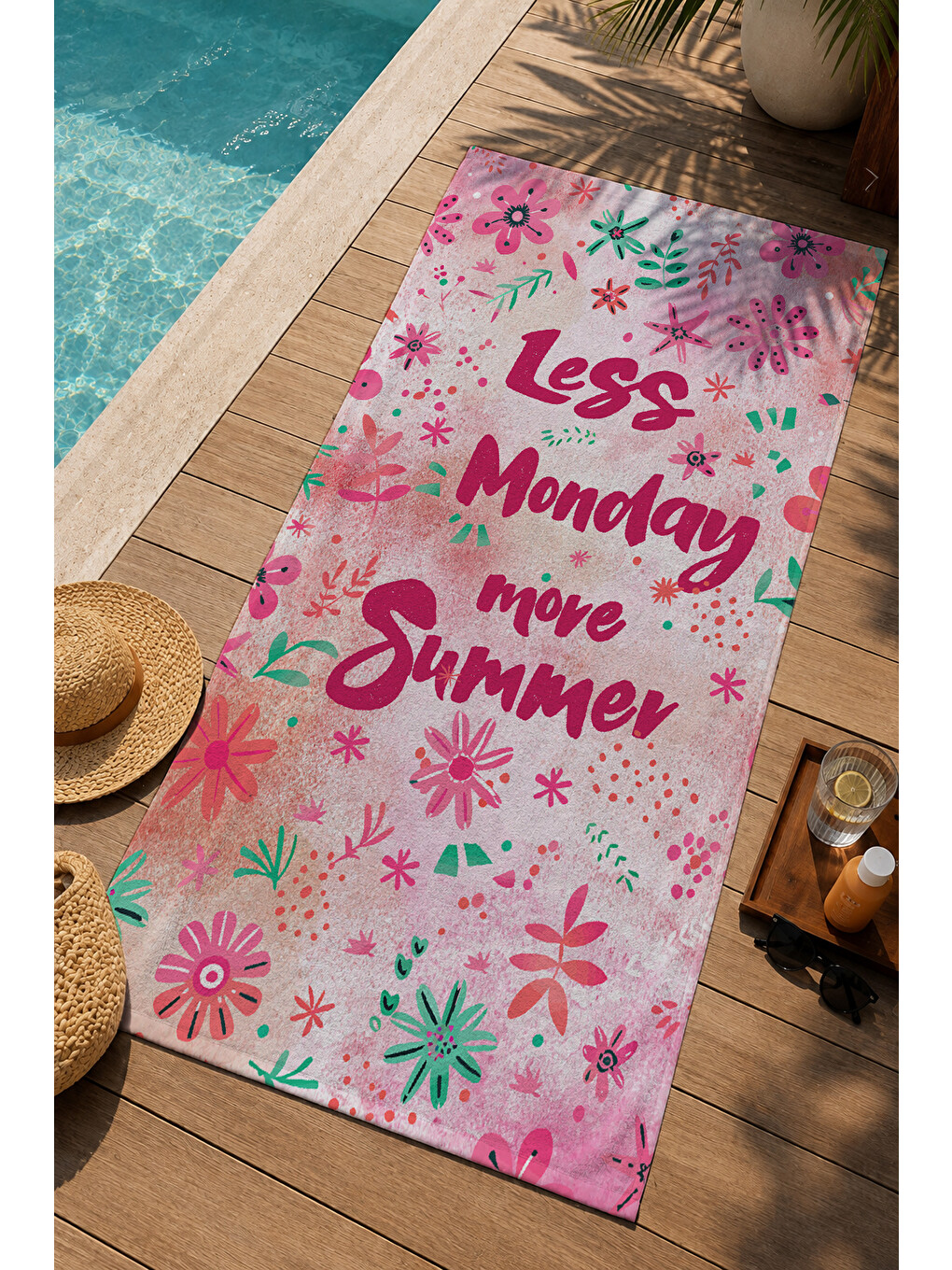 Pembe Çiçekli Less Mondays More Summer Yazılı 70x150 Cm Dijital Baskılı Plaj Ve Banyo Havlusu-2