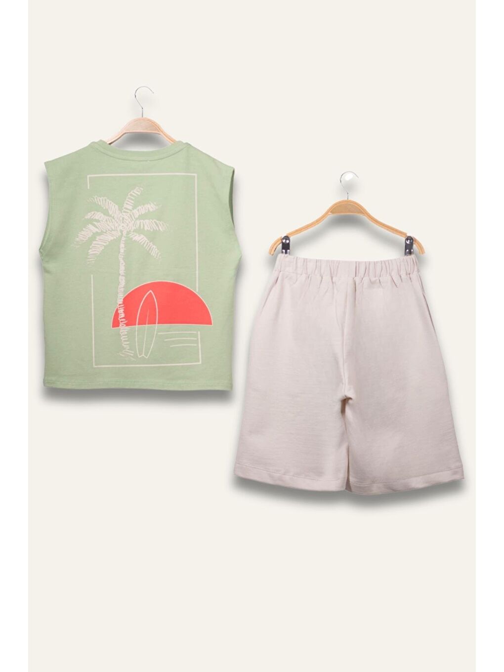 Erkek Çoçuk Sörf Baskılı Atlet Dizaltı Şort Takım - Yeşil-1