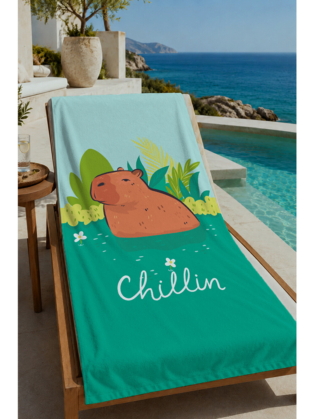 Turkuaz Chillin Yazılı Desenli 70x150 Cm Dijital Baskılı Plaj Ve Banyo Havlusu