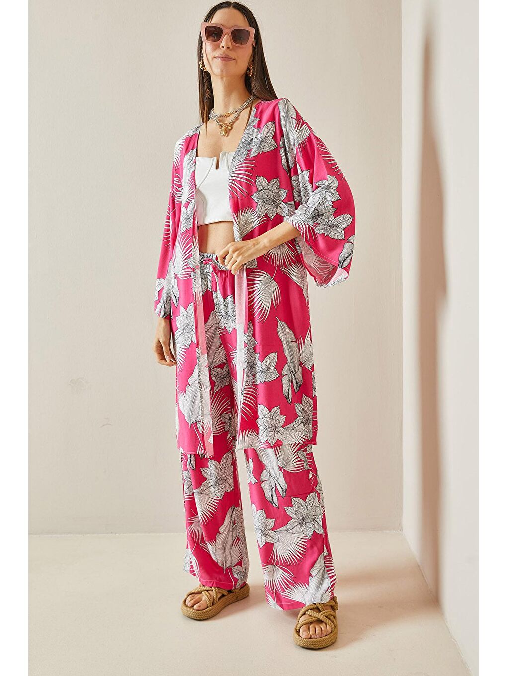 XHAN Pembe Çiçek Desenli Kimono Takım 5YXK8-48600-20