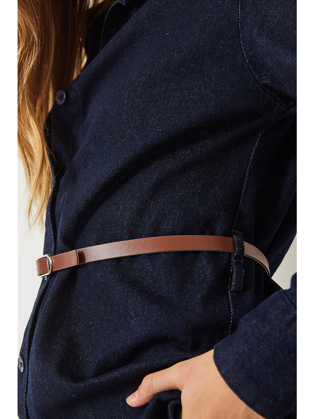 Lacivert Kadın Vatka Detaylı Kemerli Gömlek Palazzo Pantolonlu Denim Takım-5