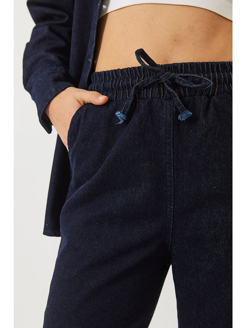 Lacivert Kadın Vatka Detaylı Kemerli Gömlek Palazzo Pantolonlu Denim Takım-7