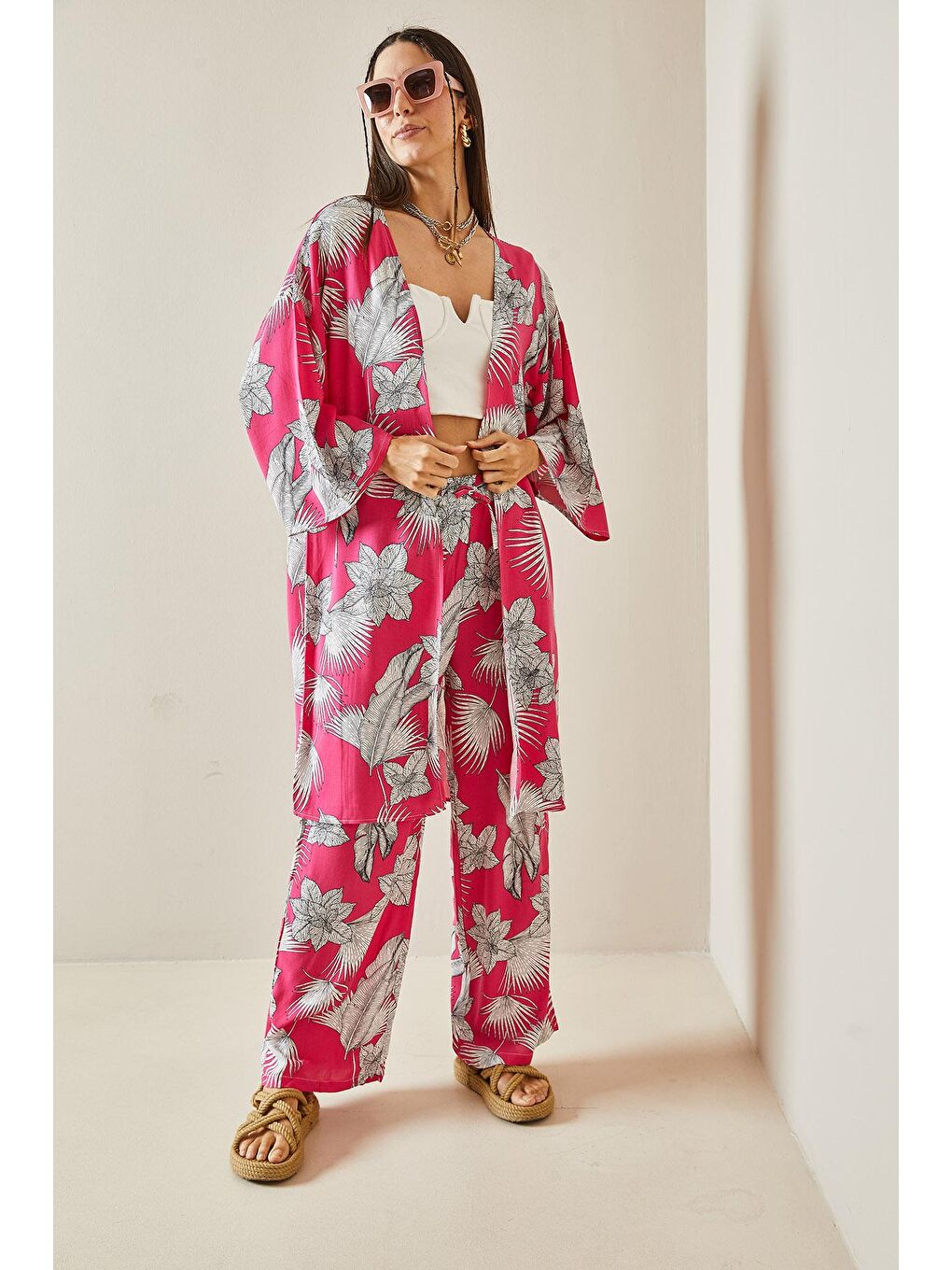 XHAN Pembe Çiçek Desenli Kimono Takım 5YXK8-48600-20 - 1